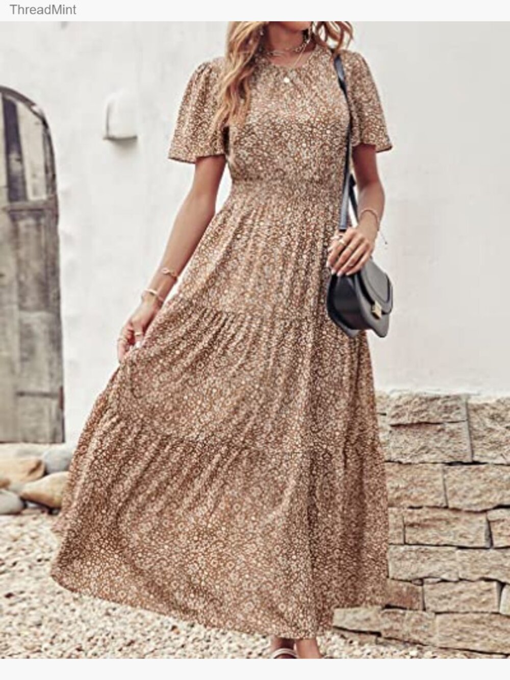 Summer Casual Flutter Sleeve Smocked Waist Tiered Maxi Dress Size S M L XL - Picture 6 of 7